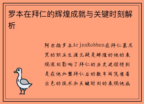 罗本在拜仁的辉煌成就与关键时刻解析