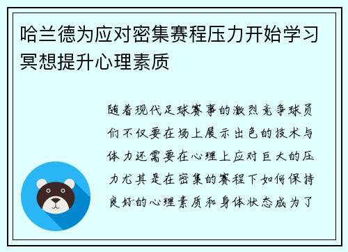 哈兰德为应对密集赛程压力开始学习冥想提升心理素质