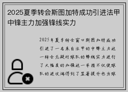 2025夏季转会斯图加特成功引进法甲中锋主力加强锋线实力