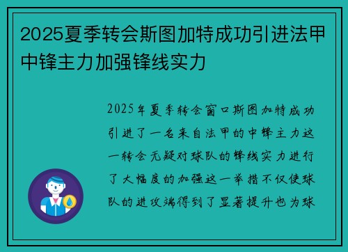 2025夏季转会斯图加特成功引进法甲中锋主力加强锋线实力